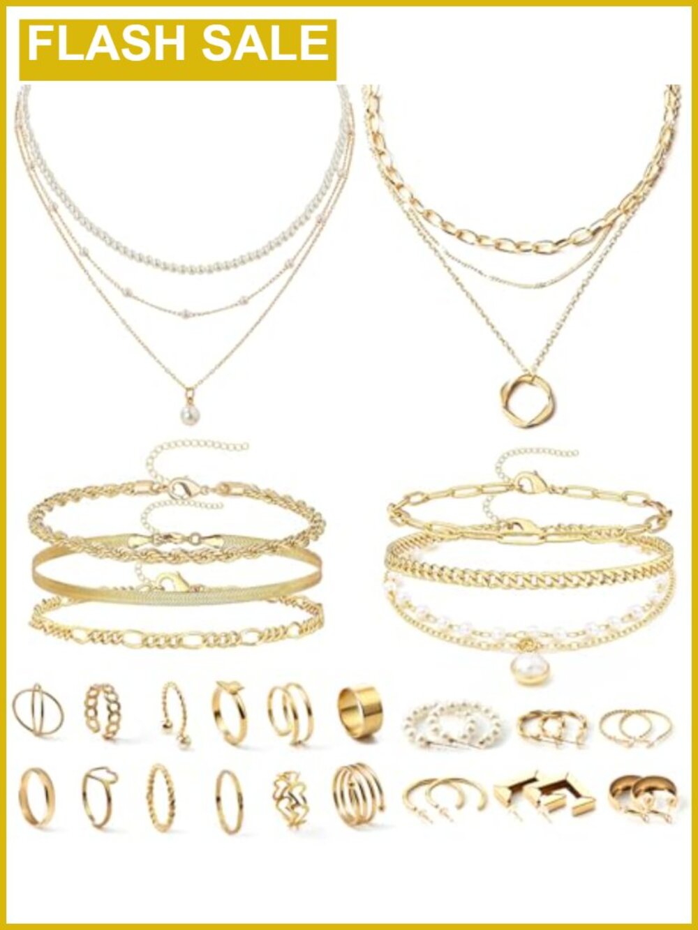 Gold Plated Jewelry Set 30 Pcs with Necklaces Bracelets Earrings Rings